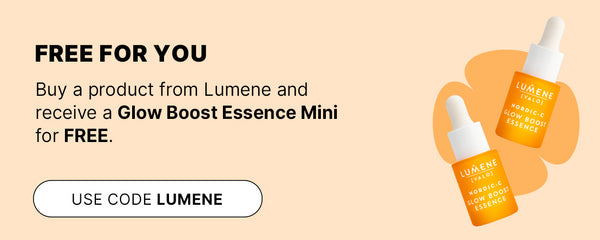 Peach promo graphic: Buy any Lumene product and get a Glow Boost Essence Mini for free. Use code LUMENE.