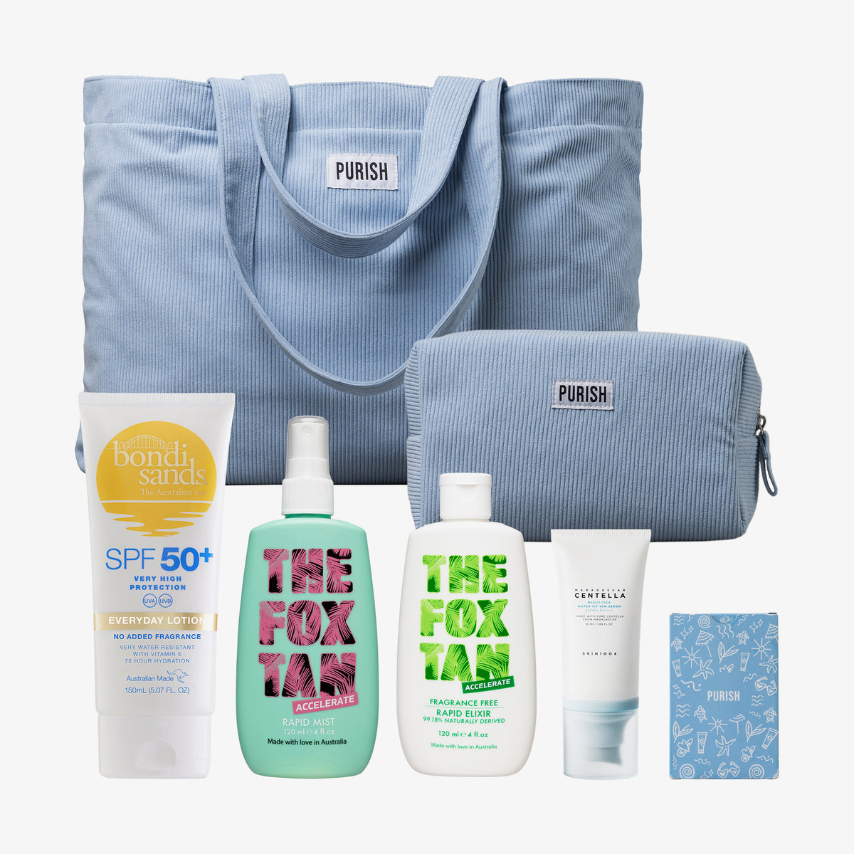 PURISH Summer Bag 2025 – Basic Routine: Blaues Tragetaschen-Set mit Bondi Sands SPF50+ Lotion, The Fox Tan, Sonnencreme, Beutel und Karte.