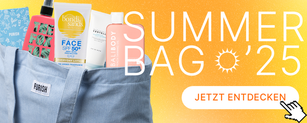 Banner zur ‚PURISH Summer Bag 2025‘: Hellblaue PURISH-Tasche mit Sommerprodukten vor gelbem Hintergrund, Button ‚Jetzt entdecken‘.