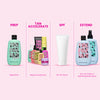 Vier-Schritte-Bräunungsroutine mit The Fox Tan Produkten: Prep (Rapid Elixir), Tan Accelerate (Rapid Accelerators), SPF (frei wählbar), Extend (Sun Tan Sealer/Hydrate Body Spray).