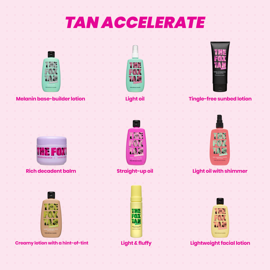 Die The Fox Tan Tan Accelerate Linie. 9 Produkte. Darunter der Rapid Face Tanner. Rosa Hintergrund.