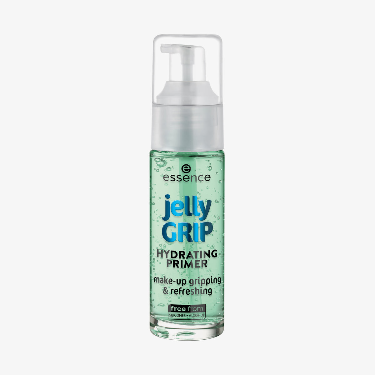 Transparente Pumpflasche mit Jelly GRIP HYDRATING PRIMER von essence mit grünlichen Gelinhalt.