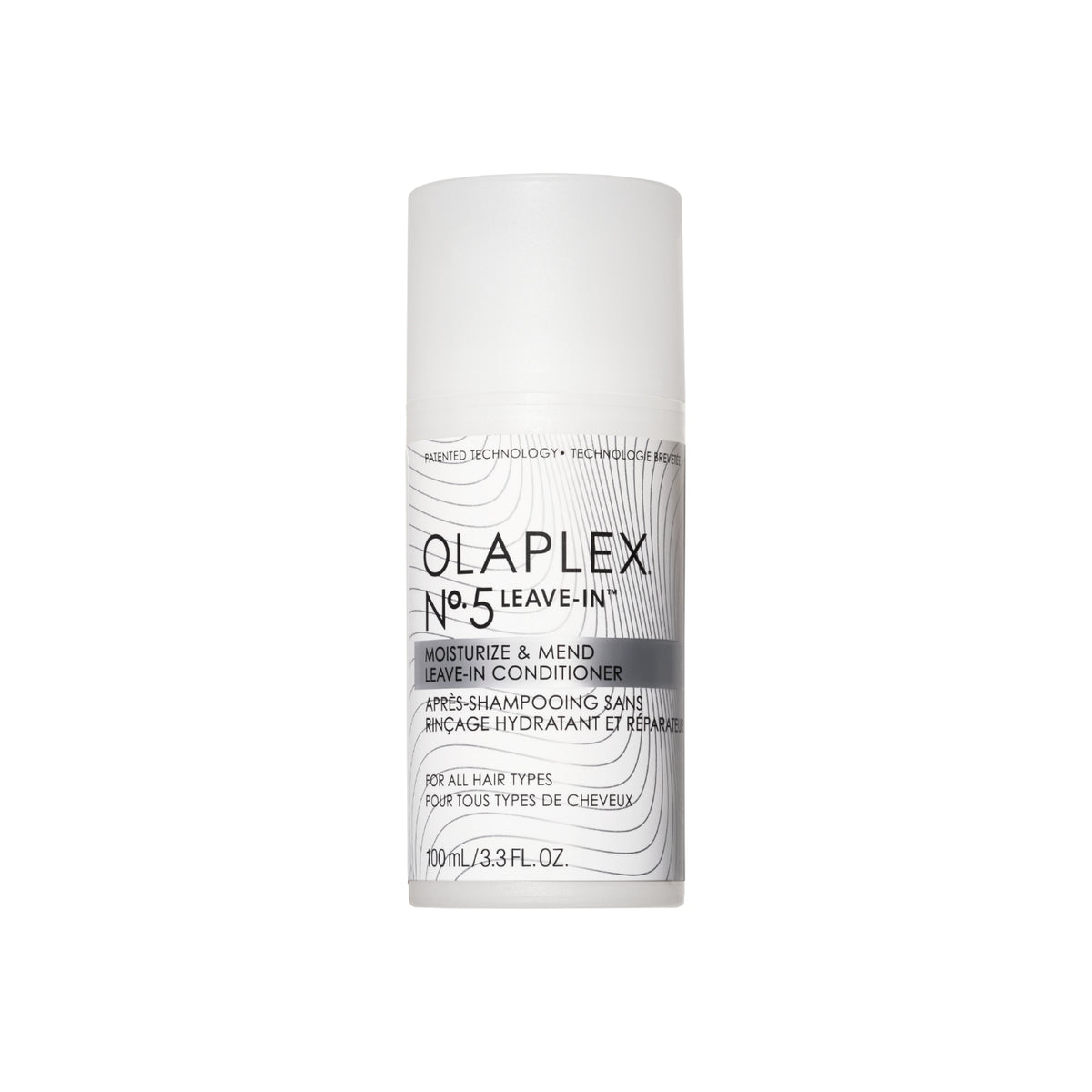 Weiße Flasche von OLAPLEX No°5 Moisturize & Mend Leave-in Conditioner mit schwarzem und grauem Text auf einfarbigem Hintergrund.