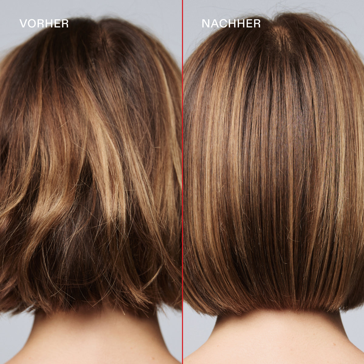 Rückansicht von kurzem braunem Haar, das mit OLAPLEX No°5 Feuchtigkeits- und Pflegespülung behandelt wurde: die linke Seite wirkt wellig und unordentlich (vorher) , die rechte Seite glatt und glänzend (nachher).