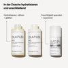 Der OLAPLEX No°5 Moisturize & Mend Leave-in Conditioner mit deutschem Text hebt seine feuchtigkeitsspendenden und reparierenden Eigenschaften hervor.
