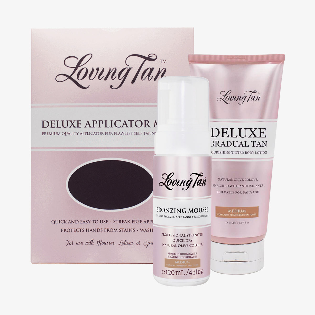 Das Loving Tan Ultimate Bronzed Bundle in Medium enthält den Applicator Mitt, Bronzing Mousse und das Gradual Tan in rosa Verpackung.