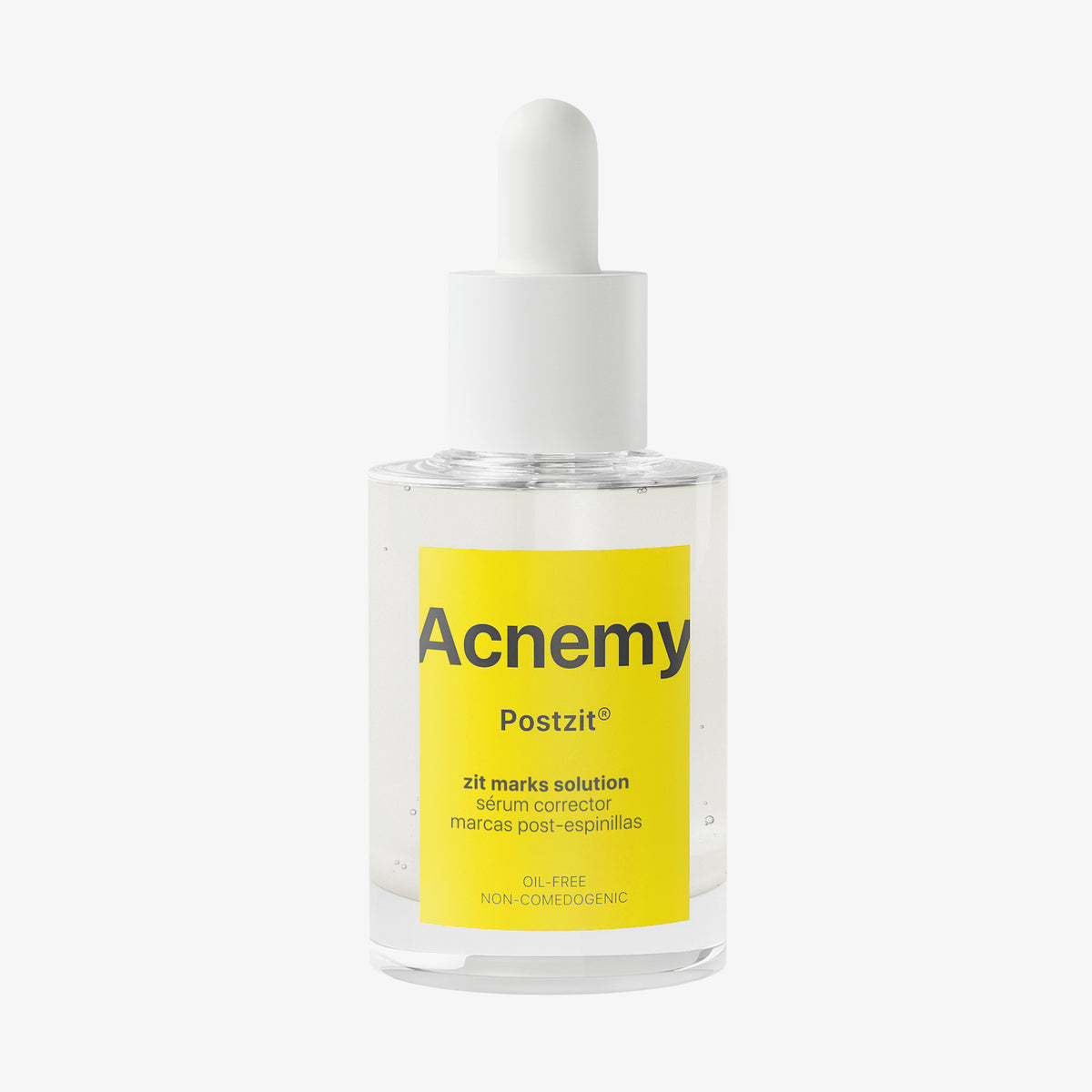 Eine Flasche Acnemy Postzit® vor weißem Hintergrund