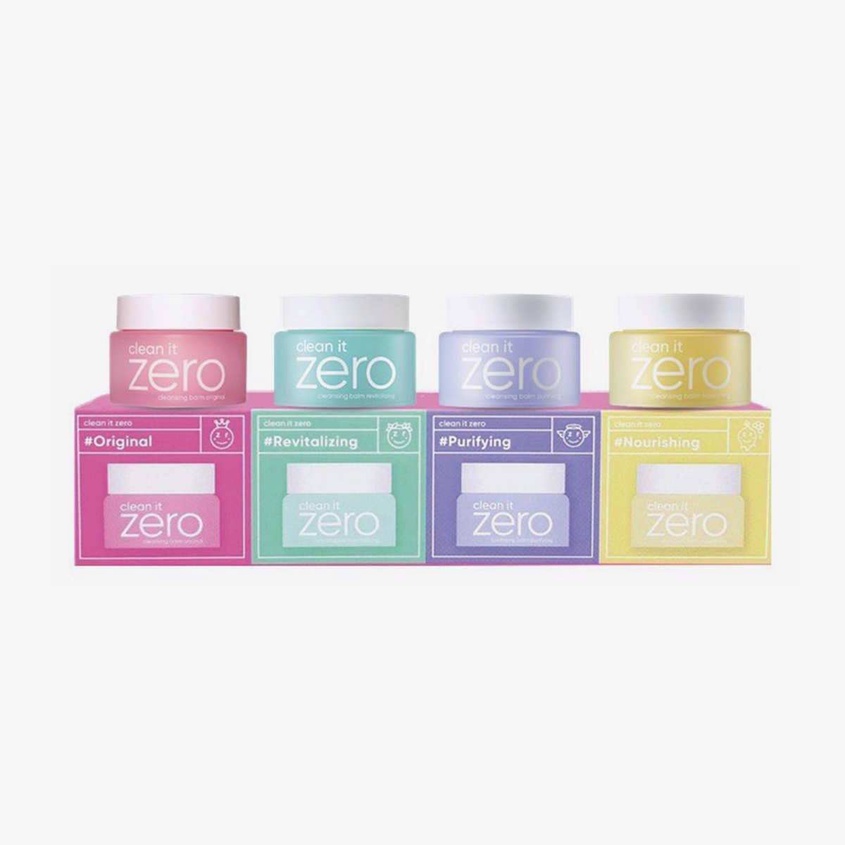 Vier farbenfrohe Tiegel und eine bunte Box Clean It Zero Cleansing Balm Original Miniature Set umfasst Original, Revitalizing, Purifying und Nourishing