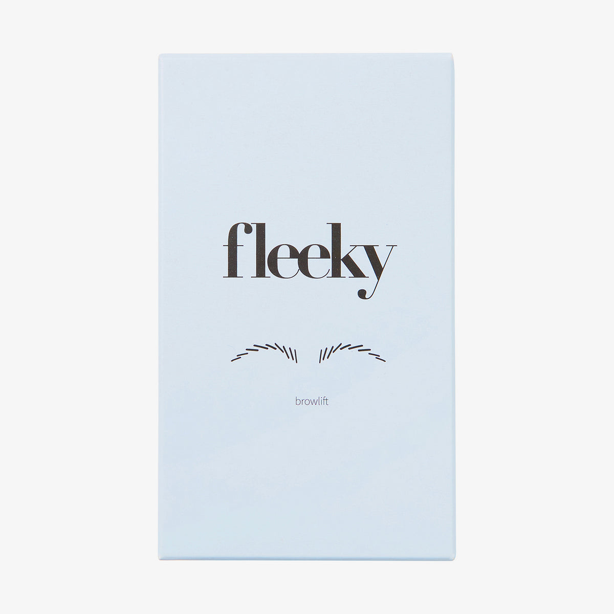 Hellblaue Schachtel des Browlift Kit Mini von fleeky sowie einer Augenbrauenabbildung vor weißem Hintergrund.