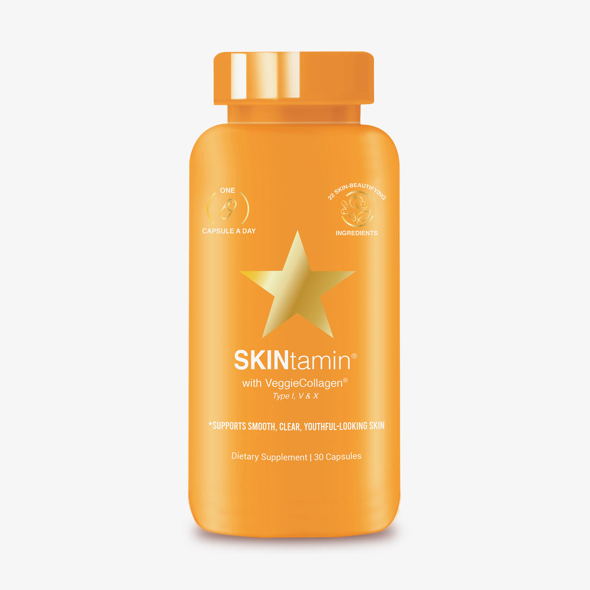 Die SKINtamin 1 Month Flasche hat ein orangefarbenes Design mit einem goldenen Stern und einem Text, der für glatte, klare und jugendlich aussehende Haut wirbt.