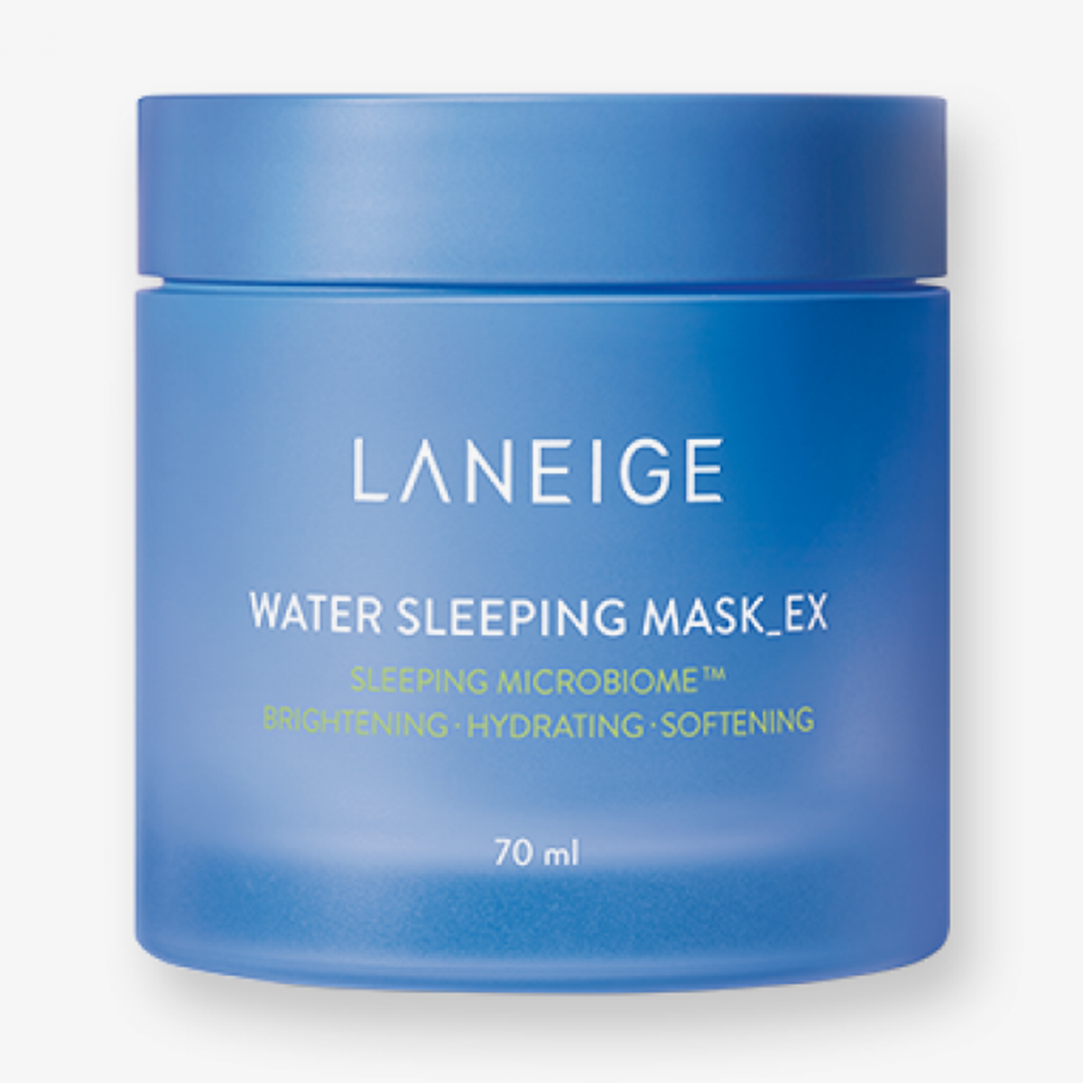 Ein blauer Tiegel der Laneige Water Sleeping Mask Ex mit minimalistischem Text auf weißem Hintergrund.