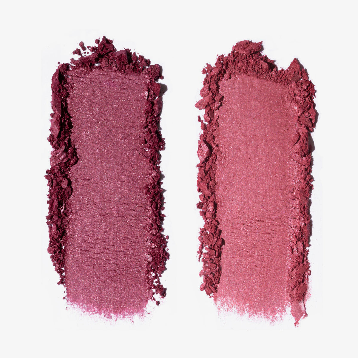 Zwei pudrige Farbmuster der Duo Dimension Element von LH Cosmetics, nebeneinander auf weißem Hintergrund.