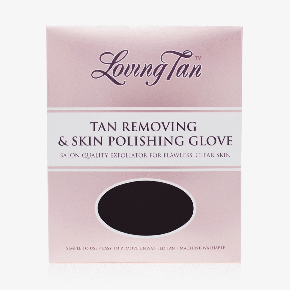 Rosafarbene Schachtel mit der Aufschrift „Loving Tan Tan Removing & Skin Polishing Glove To Remove Self Tan“ und einem schwarzen ovalen Fenster.