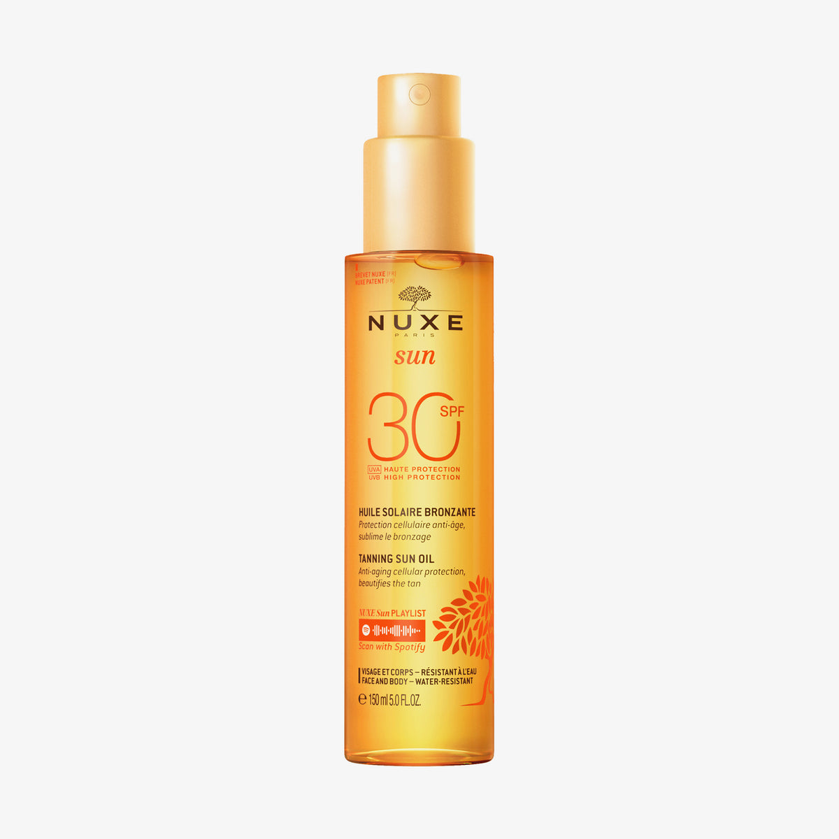 Eine Flasche NUXE Sun Sonnenöl Gesicht & Körper SPF30 mit orangefarbenem Verschluss und Text auf weißem Hintergrund.