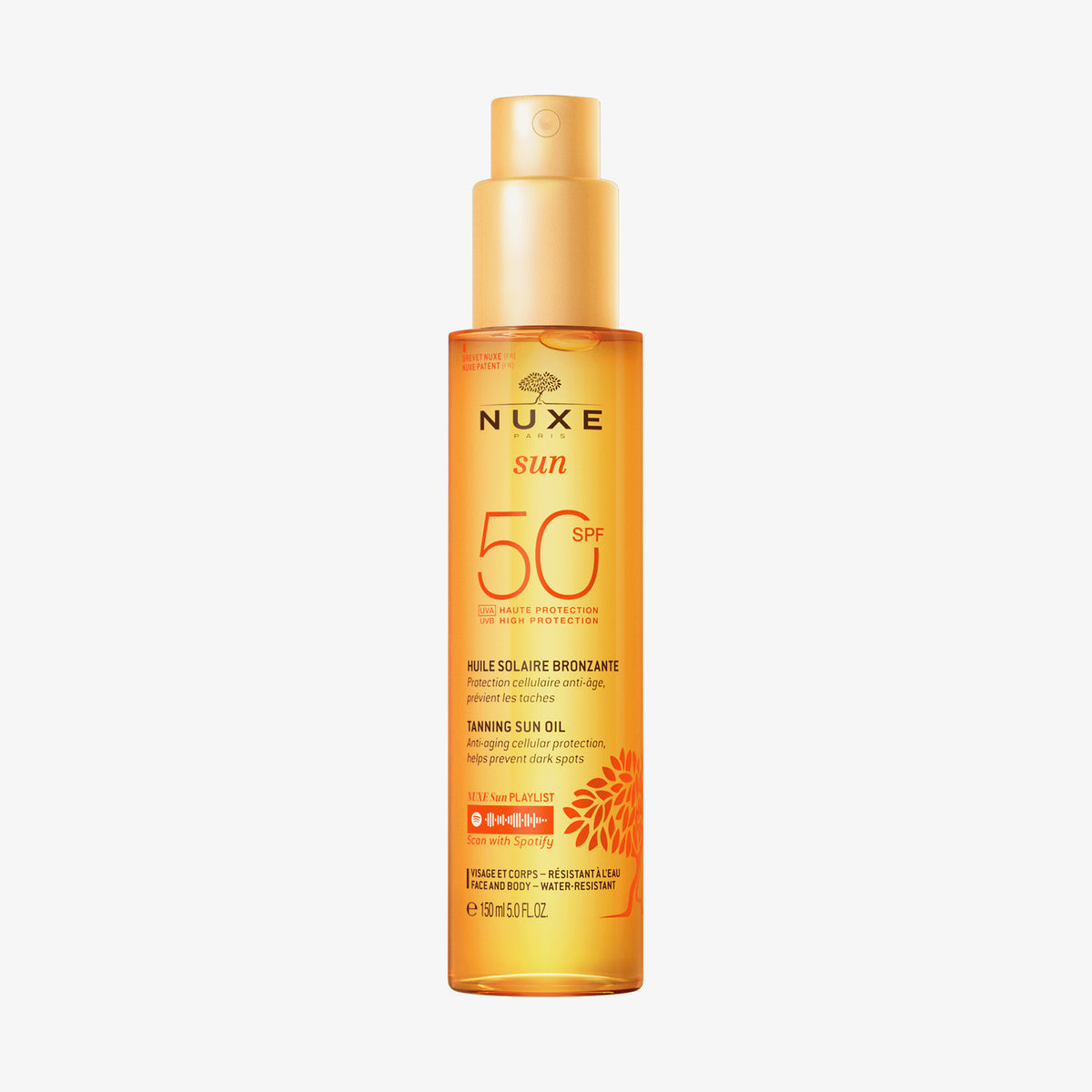 Eine Flasche NUXE Sun Sonnenöl Gesicht & Körper SPF50 mit Sprühdüse und orange-gelber Verpackung.