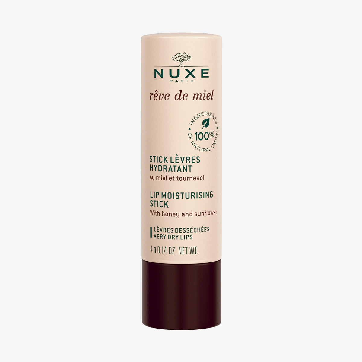 NUXE Rêve de Miel® Lippenpflegestift in beiger Tube, speziell für sehr trockene Lippen.