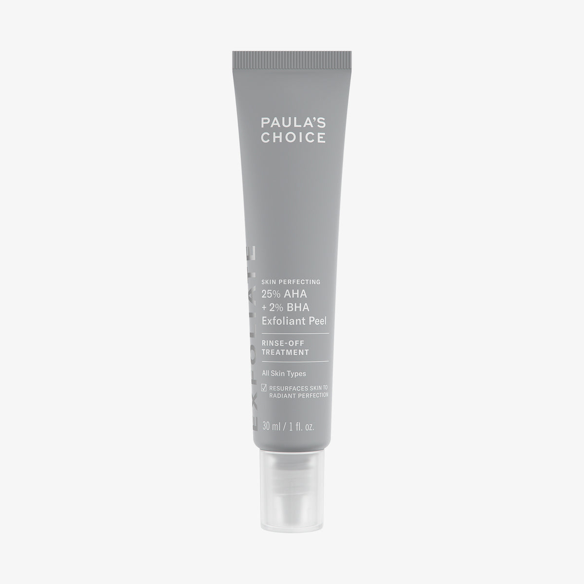 Auf weißem Hintergrund ist eine graue Tube mit 25 % AHA + 2 % BHA Exfoliant Peel (30 ml) abgebildet.