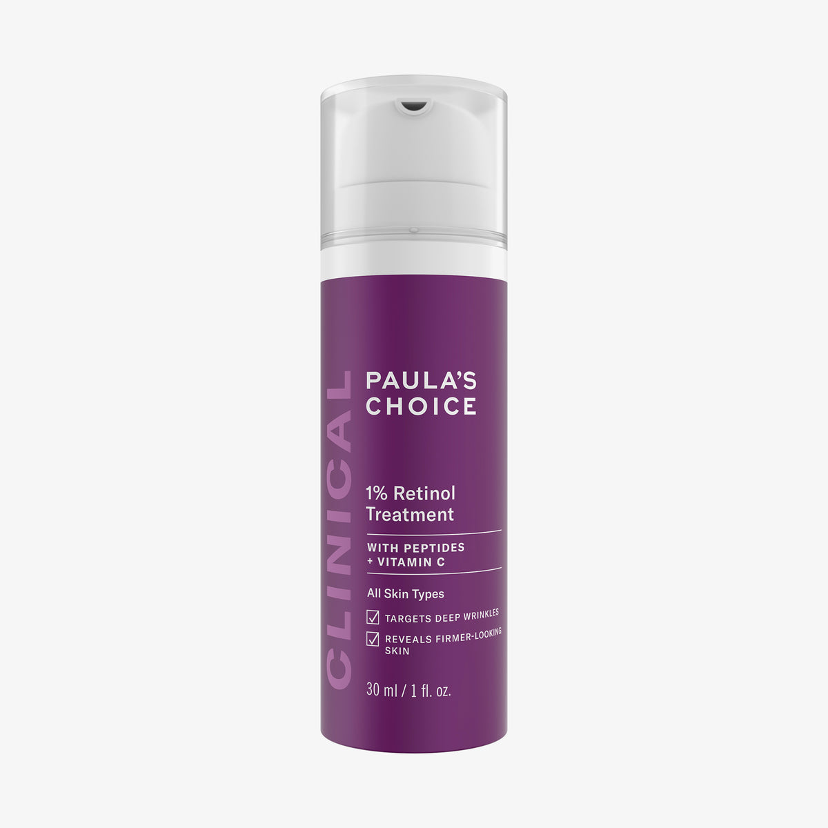 Vor einem weißen Hintergrund ist eine violette Flasche Clinical 1 % Retinol Treatment mit weißem Deckel abgebildet.