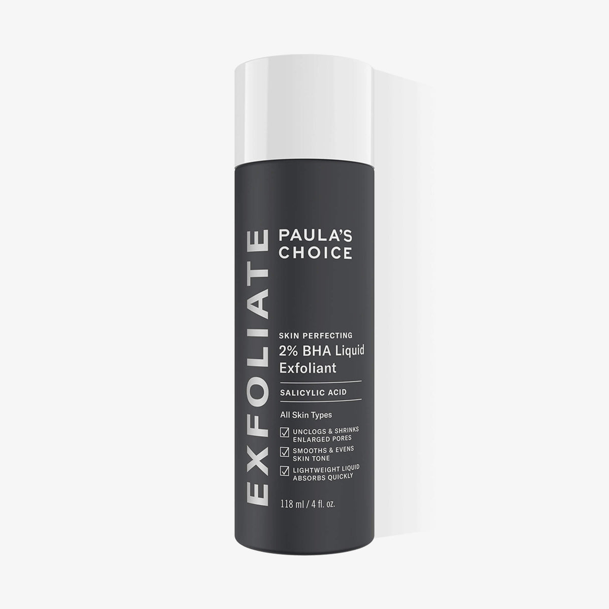 Paula's Choice Skin Perfecting 2% BHA Liquid Exfoliant. 118 ml. Weißer Hintergrund.