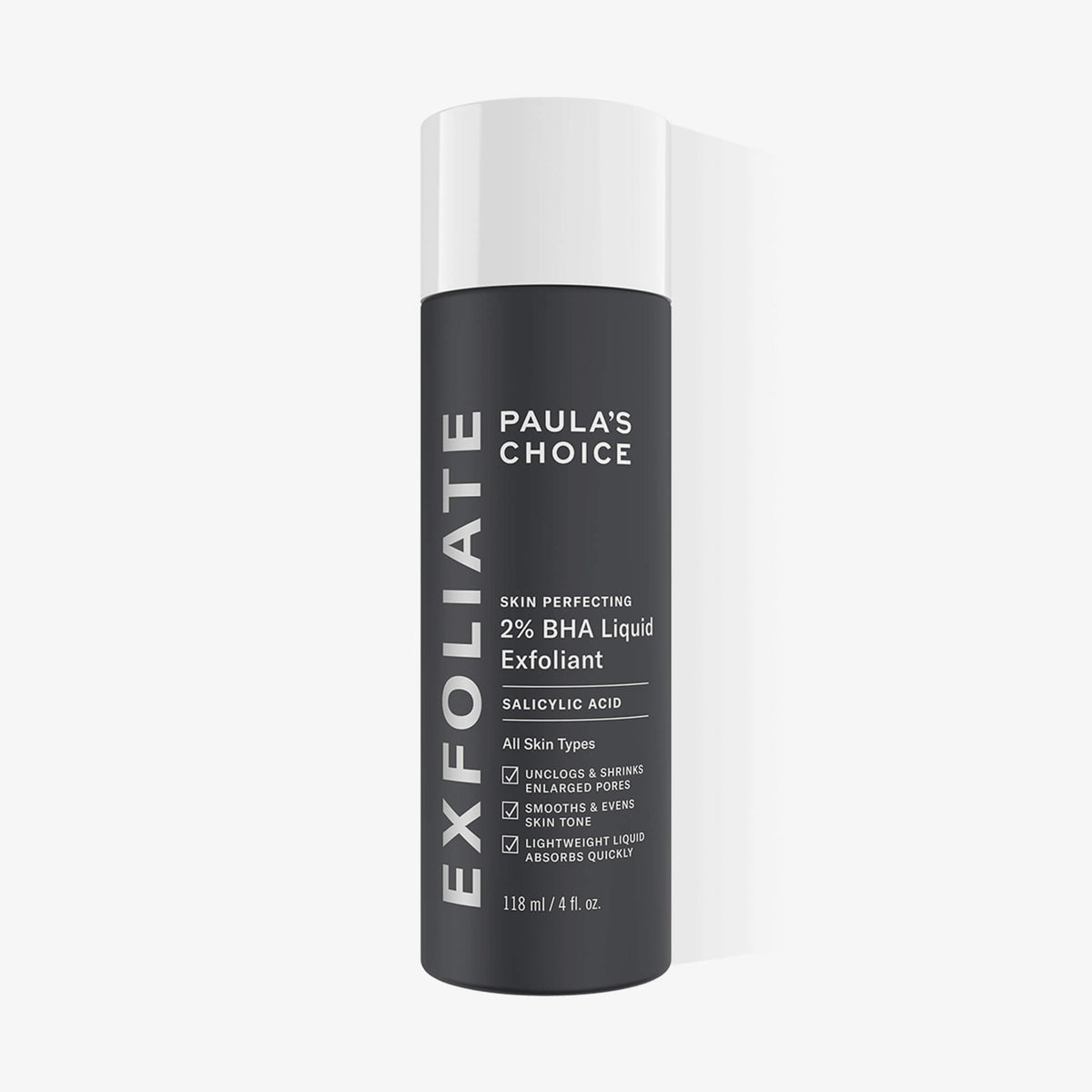 Eine 118-ml-Flasche Skin Perfecting 2 % BHA Liquid Exfoliant zur Hautpflege auf weißem Hintergrund.