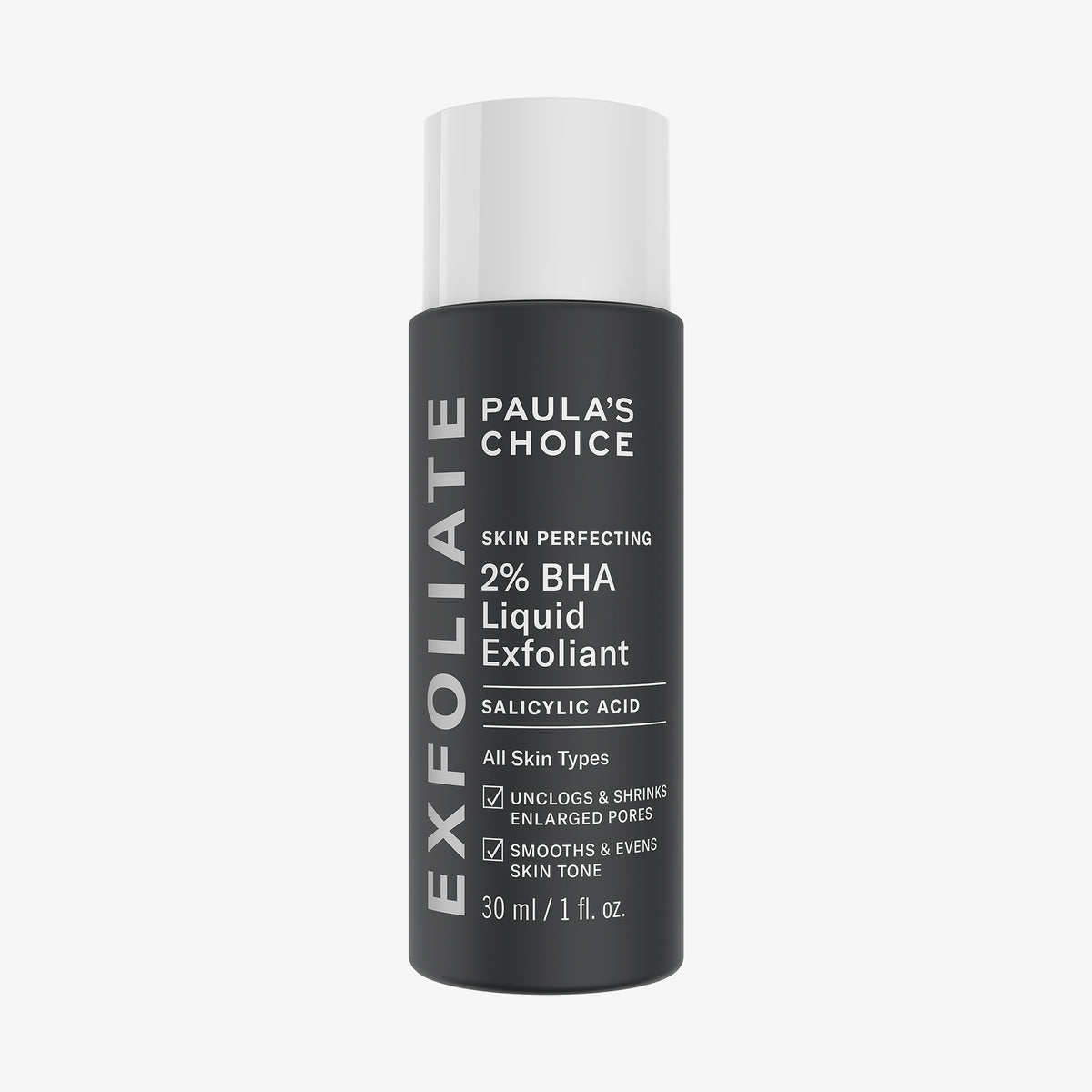 Dunkelgraue Flasche Skin Perfecting 2 % BHA Liquid Exfoliant Deluxe Mini mit weißem Text auf hellgrauem Hintergrund.