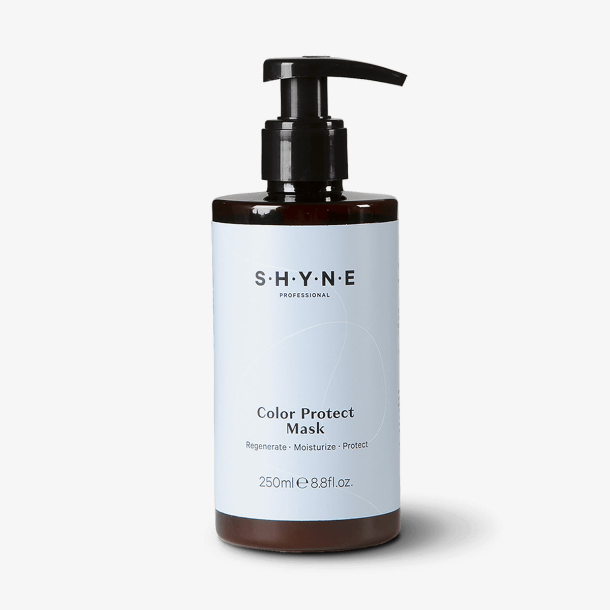 Flasche der SHYNE Color Protect Mas mit Pumpspender, blaues Etikett.