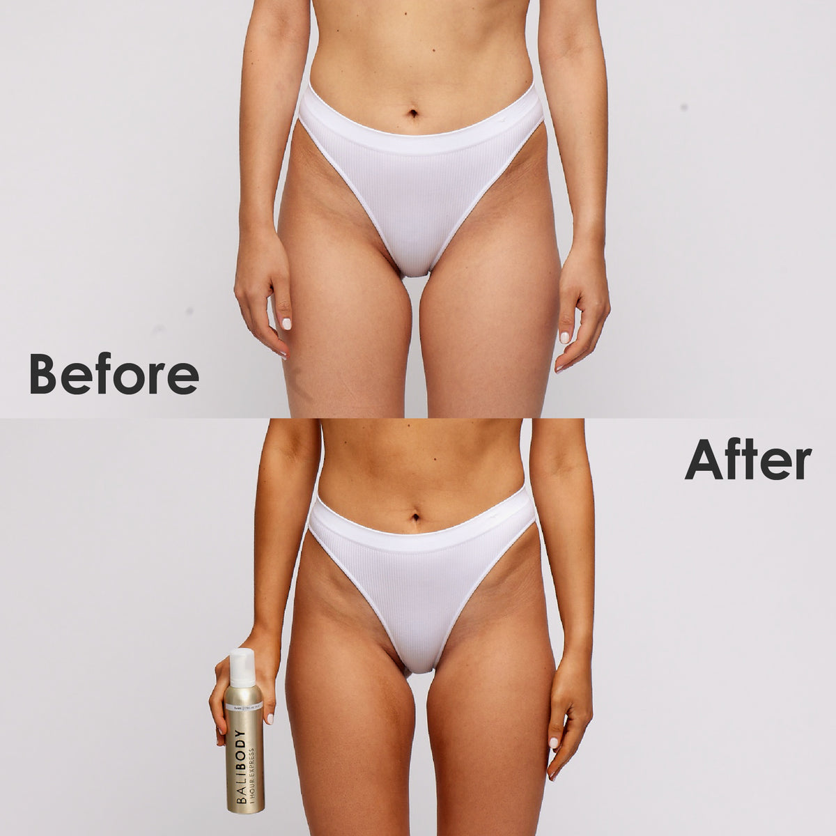 Vorher/Nachher Vergleich von Bali Body 1 Hour Express Tan auf Armen, Bauch, Oberschenkeln