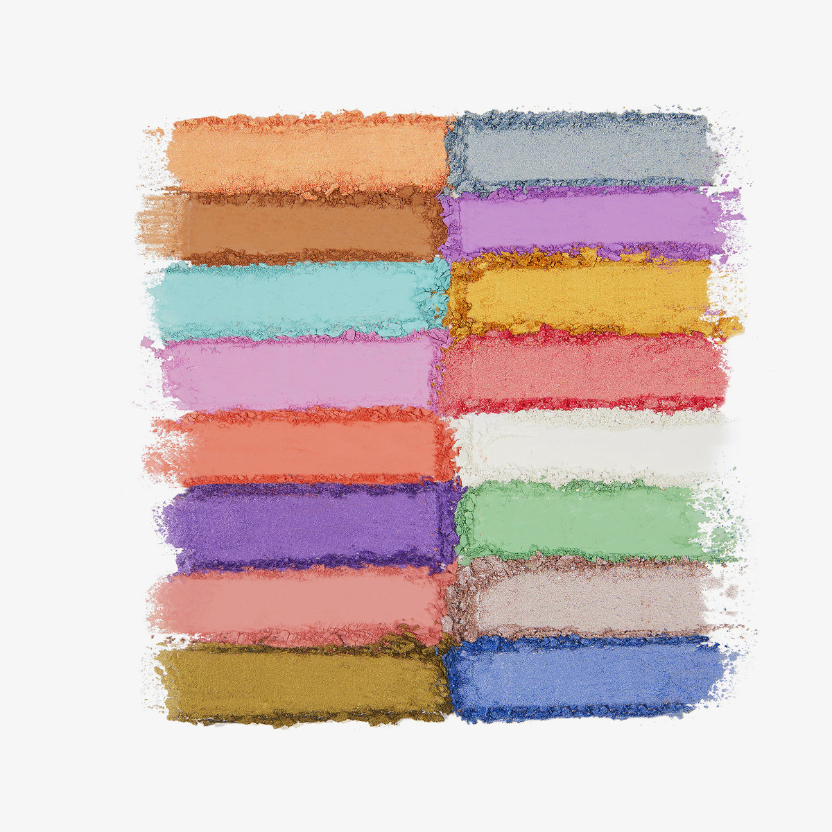 Farben der Lidschattenpalette in einem Raster aus leuchtenden Lidschattenswatches auf weißem Hintergrund