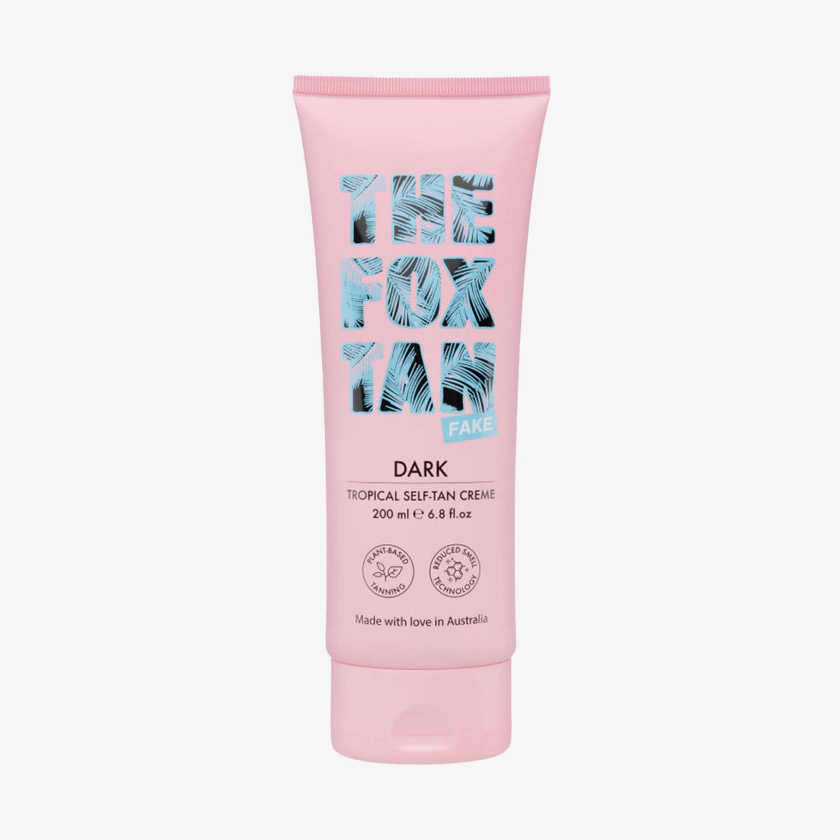 Eine 200-ml-Tube der Dark Tropical Self-Tan Creme von The Fox Tan, hergestellt in Australien, auf weißem Hintergrund.