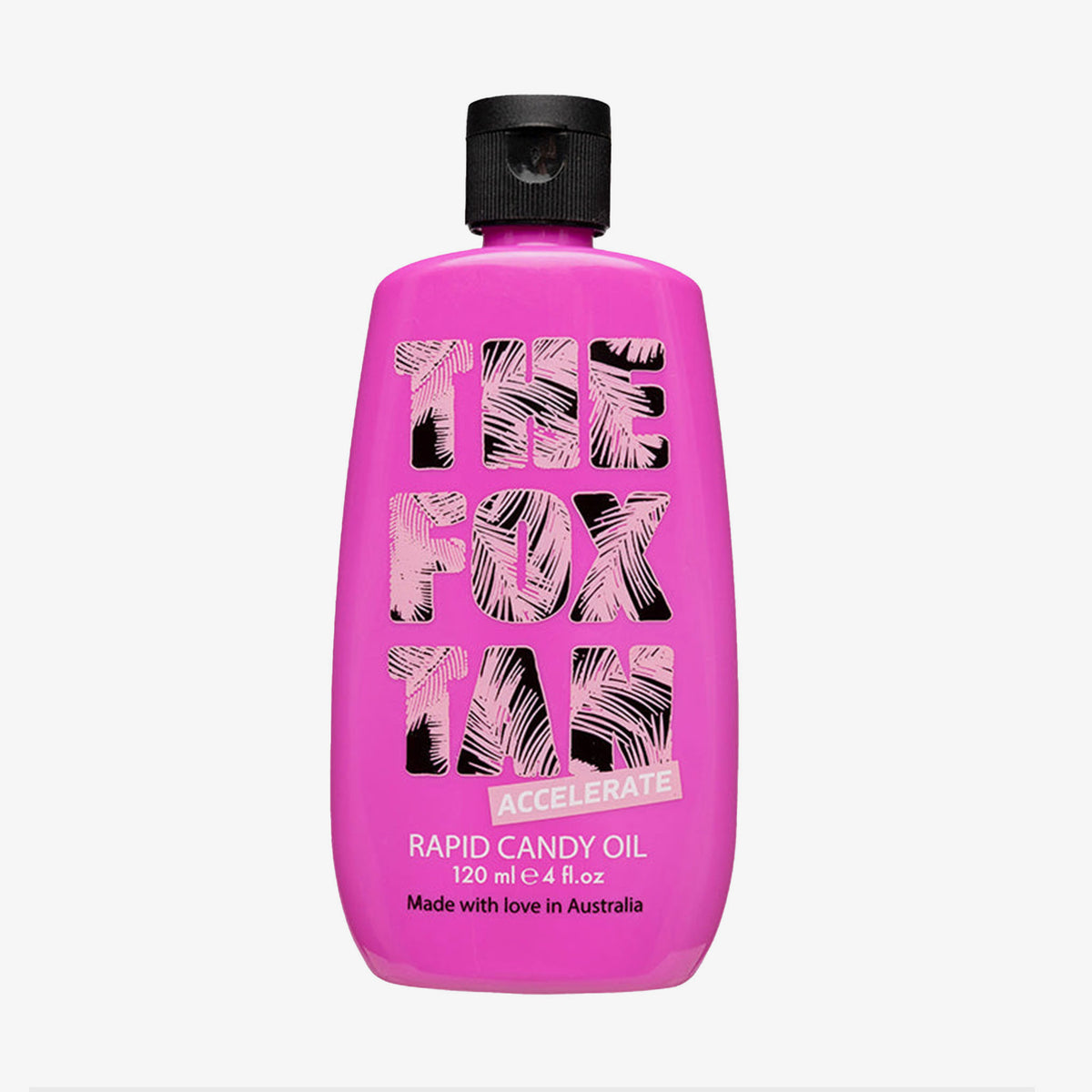 Eine leuchtend rosa Flasche Rapid Candy Oil, verziert mit fettem Schriftzug und einem Palmenmuster.