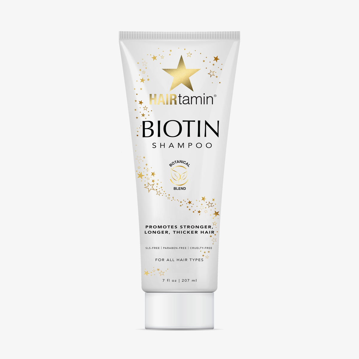 Eine Packung Biotin Shampoo von HAIRtamin vor weißem Hintergrund