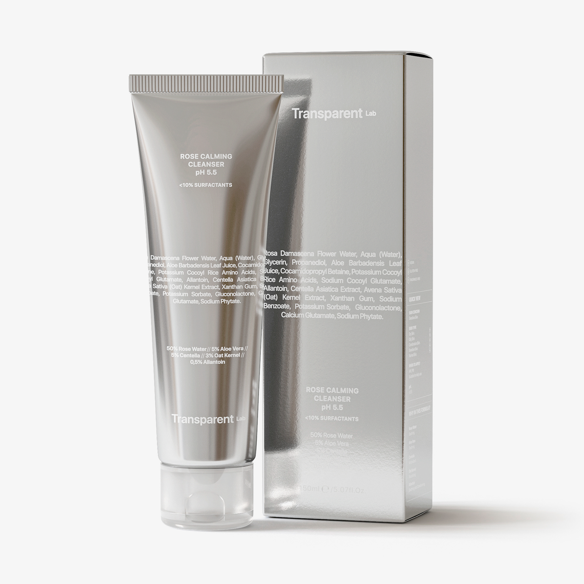 Silberne Tube Rose Calming Cleanser pH 5,5 mit passender Boxverpackung von Transparent Lab.