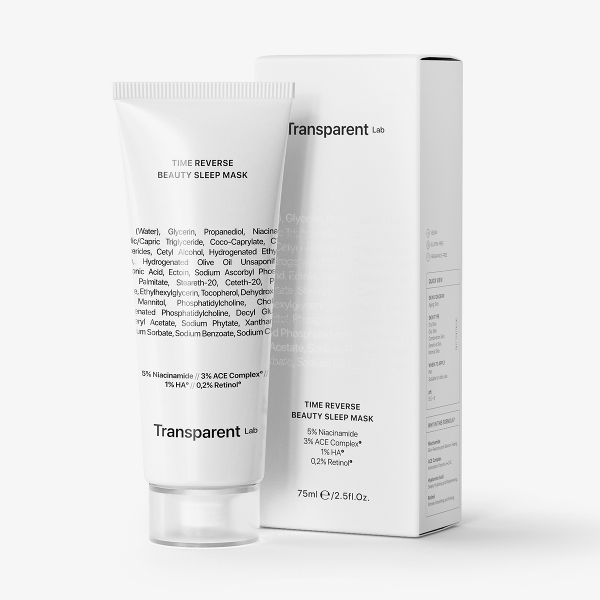 Eine Tube Time Reverse Beauty Sleep Mask von Transparent Lab, komplett mit Verpackung, auf der die Inhaltsstoffe detailliert aufgeführt sind.