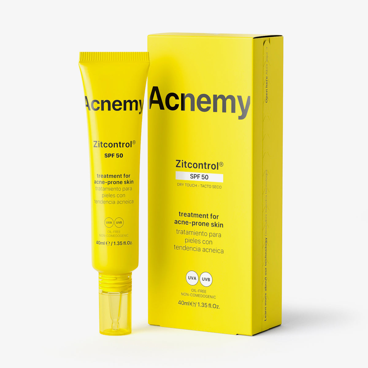 Eine Tube Acnemy Zitcontrol® SPF 50 plus Verpackung vor weißem Hintergrund