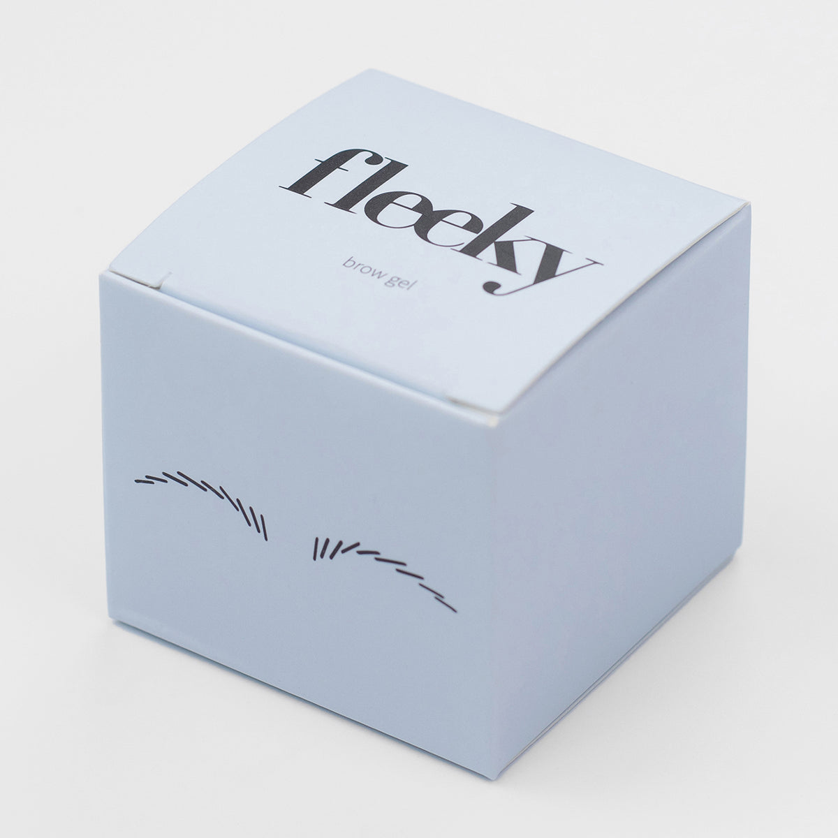 Hellblaue Schachtel mit der Aufschrift fleeky Brow Gel und einfachen Augenbrauenillustrationen auf der Vorderseite.
