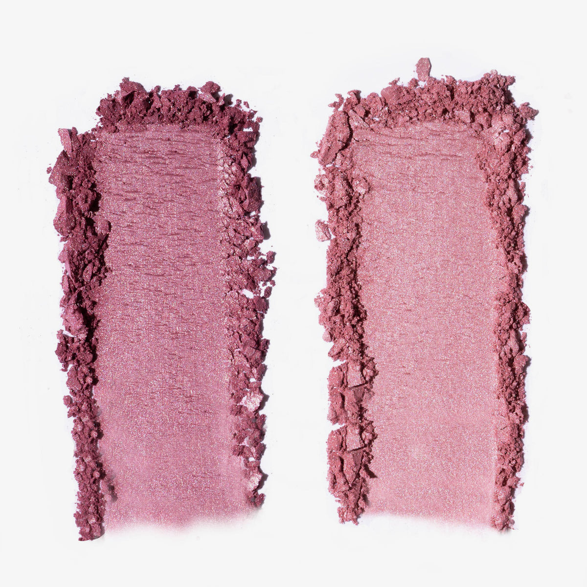 Zwei pudrige Farbmuster der Duo Dimension Area von LH Cosmetics, nebeneinander auf weißem Hintergrund.