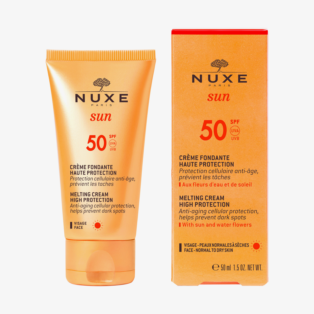 Eine orangefarbene Tube und Schachtel mit NUXE Sun Melting Cream High Protection SPF 50 für das Gesicht, präsentiert vor einem weißen Hintergrund.