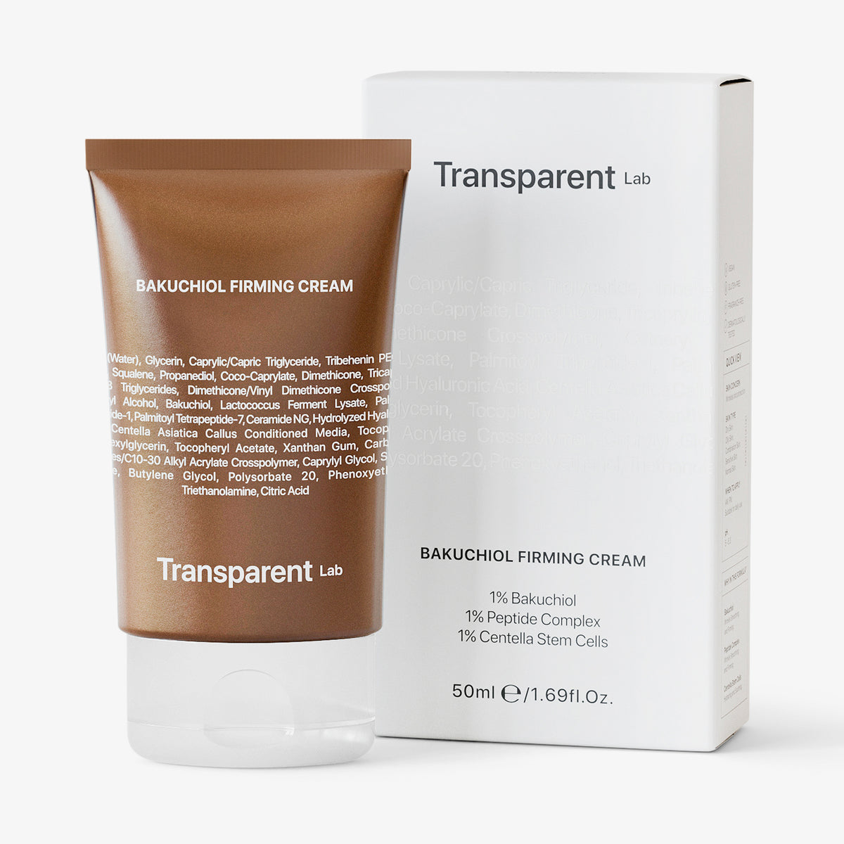 Eine braune Tube Bakuchiol Firming Cream von Transparent Lab steht neben der weißen Schachtel.