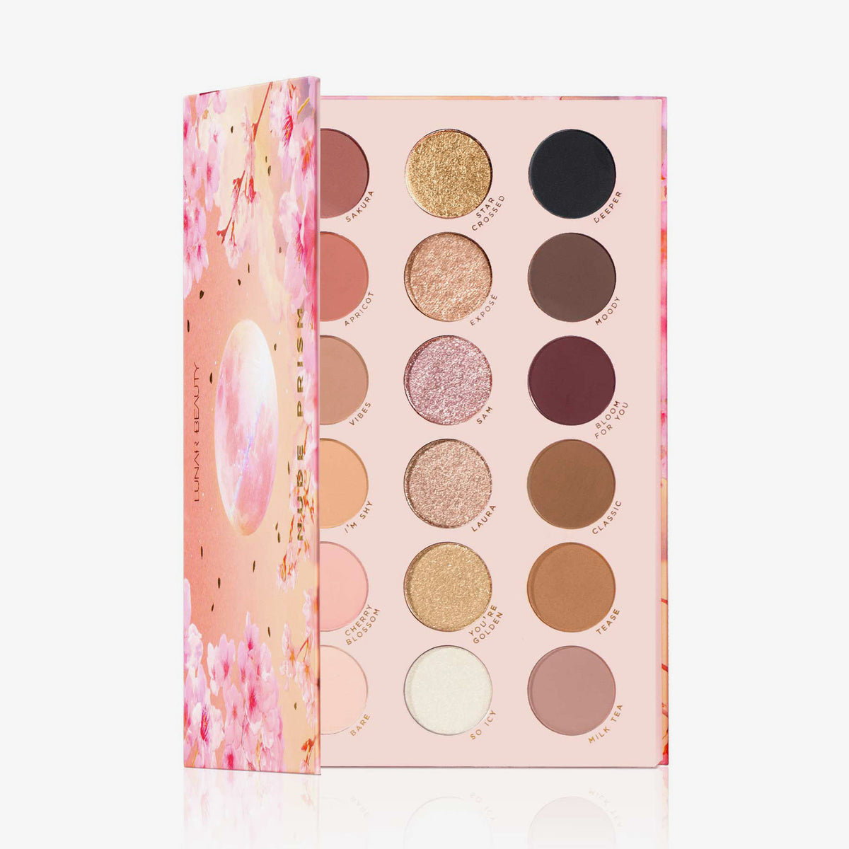 Die Lunar Beauty Nude Prism Color Palette enthält 15 warme, neutrale und schimmernde pinkfarbene Lidschatten in einer blumigen Verpackung.