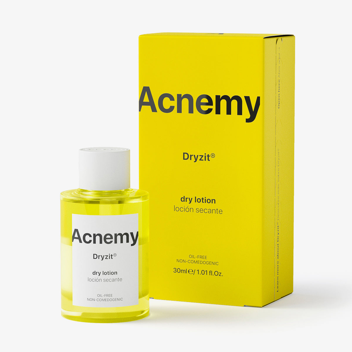 Eine Flasche Acnemy Dryzit® plus Verpackung vor weißem Hintergrund