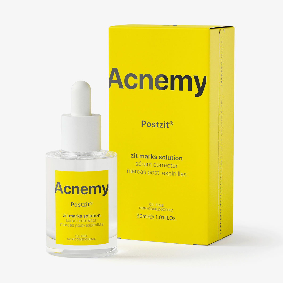 Eine Flasche Acnemy Postzit® plus Verpackung vor weißem Hintergrund