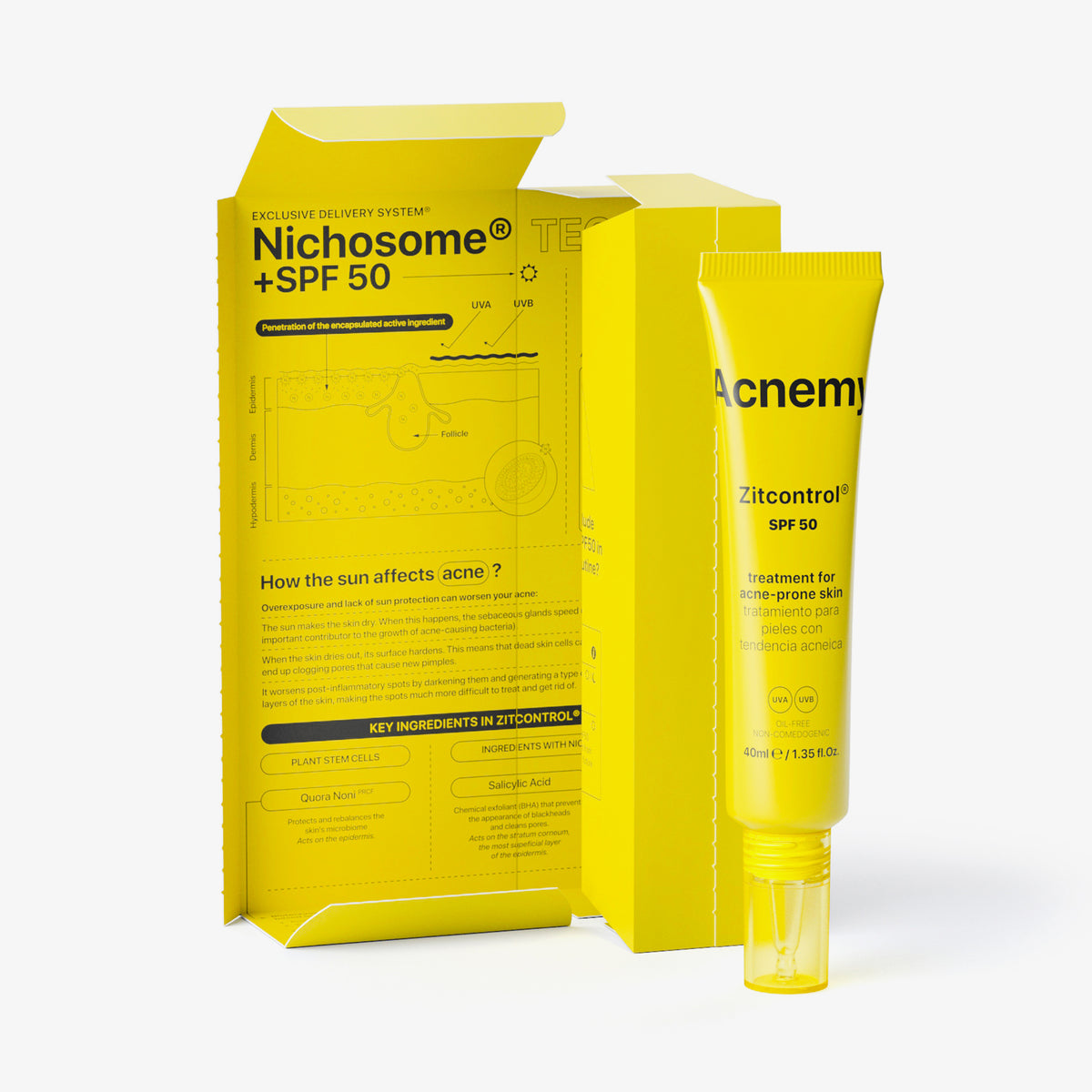 Eine Tube Acnemy Zitcontrol® SPF 50 plus geöffnete Verpackung vor weißem Hintergrund