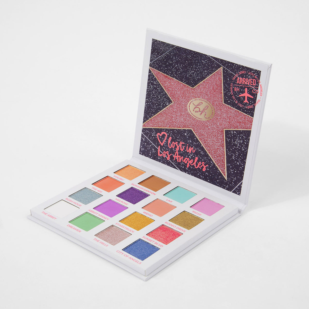 Geöffnete Lidschattenpalette mit 16 leuchtenden Lidschatten und Klappdeckel mit Hollywood Walk-of-Fame Stern