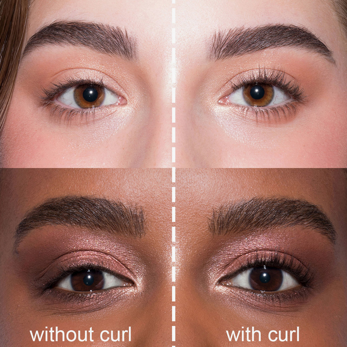 Vorher-Nachher-Vergleich von Wimpern vor und nach Anwendung des Eyes Wide Open Eyelash Curler mit und ohne Schwung bei zwei Personen.
