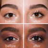 Zwei Vorher-Nachher-Bilder von Augen mit und ohne Infinity Power Lash Soft Volume Mascara; nachher definiertere schwarze Wimpern.