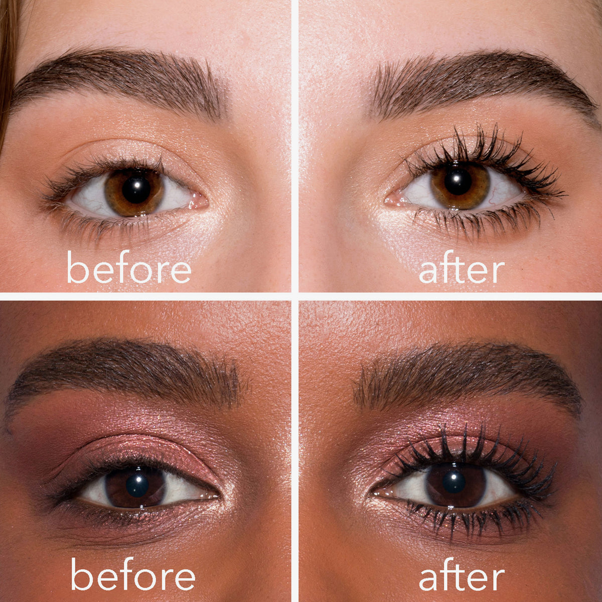 Zwei Vorher-Nachher-Bilder von Augen mit und ohne Infinity Power Lash Soft Volume Mascara; nachher definiertere schwarze Wimpern.