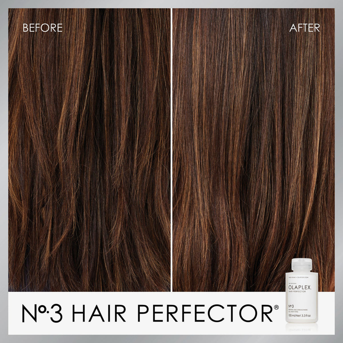 Vorher/Nachher Vergleich mit OLAPLEX No.3 Hair Perfector bei braunen, glatten Haaren. 