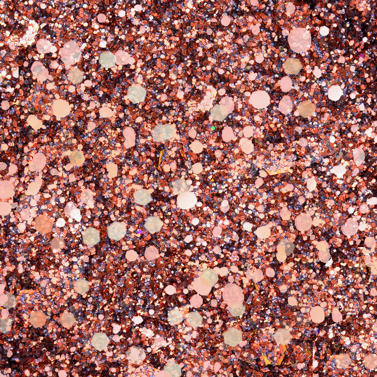 Nahaufnahme von funkelnden Roségold- und Pink-Glitzerpartikeln aus der Miami Lights Glitter Palette, dicht auf einer Oberfläche verstreut.