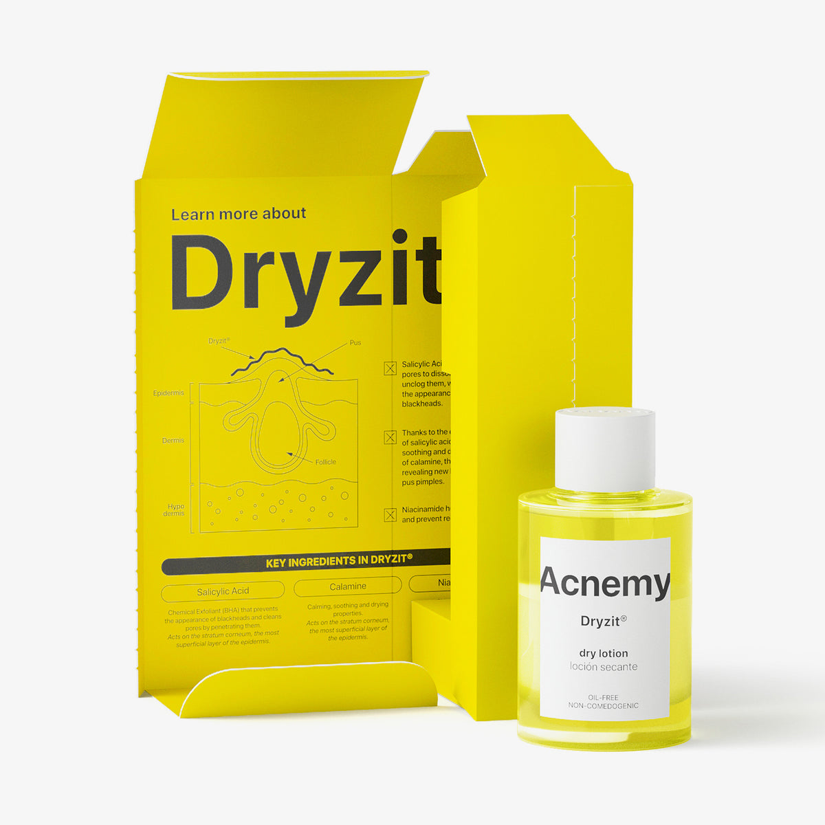 Eine Flasche Acnemy Dryzit® plus geöffneter Verpackung vor weißem Hintergrund