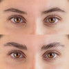 Nahaufnahme brauner Augen, die die Augenbrauen vor (dünn) und nach (dicker, voller) der Verwendung des Browlift Kit Mini zeigt.
